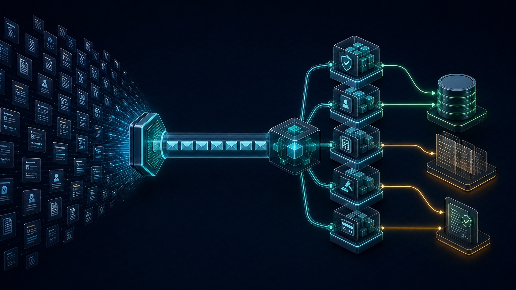 Healthcare transaction cards converge into a secure intake pipeline, move through an asynchronous message hub and modular payer services, then resolve into an evidence store, audit ledger, and verified claim outcome.