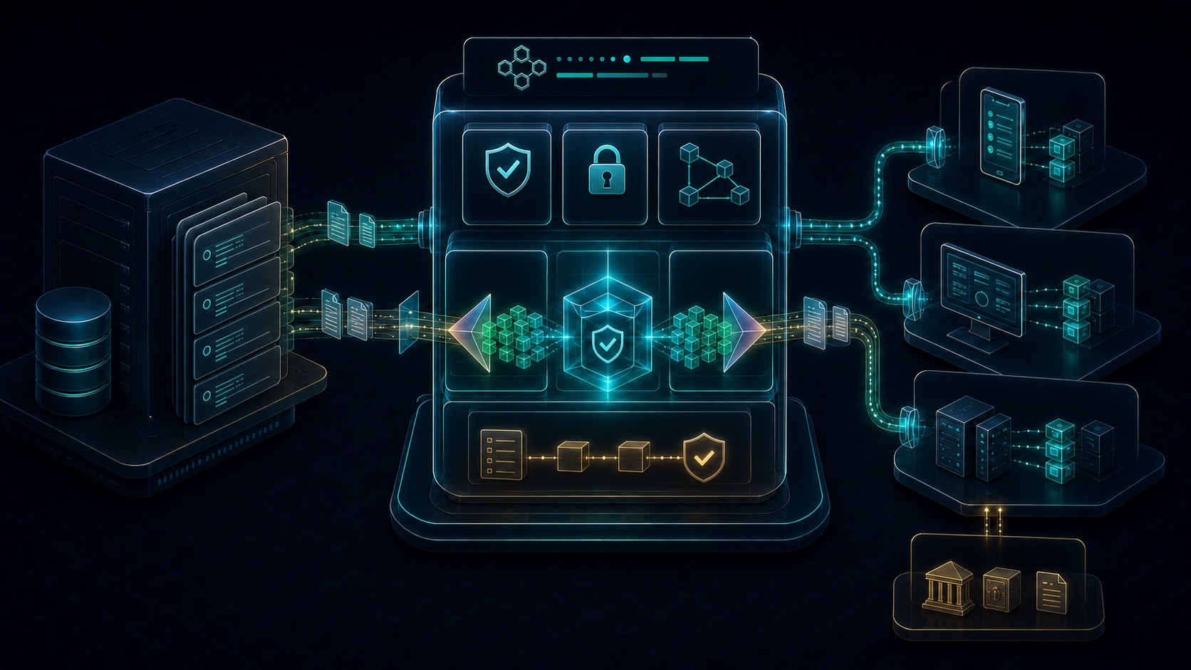 An existing payer core sends healthcare transactions through a modular compliance gateway with security, consent, routing, bidirectional data translation, and audit services, then out to member, provider, payer, and regulator-facing channels.