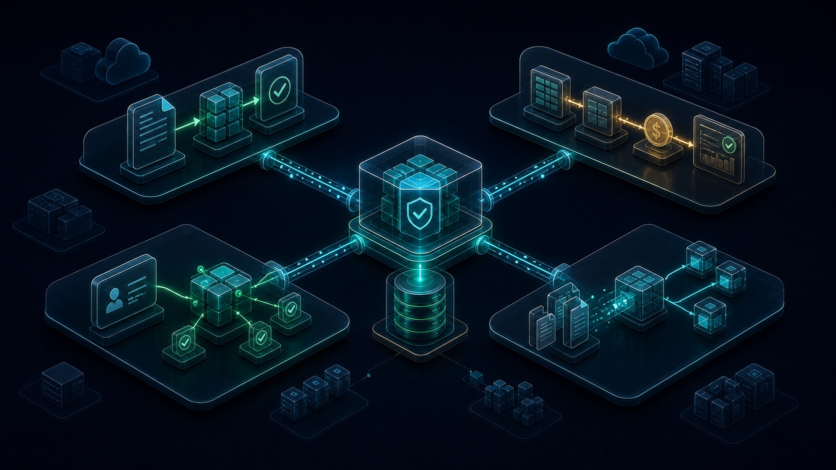 Four connected payer capability domains for claims, financial operations, provider operations, and interoperability surround a shared secure event and evidence hub with a common datastore.