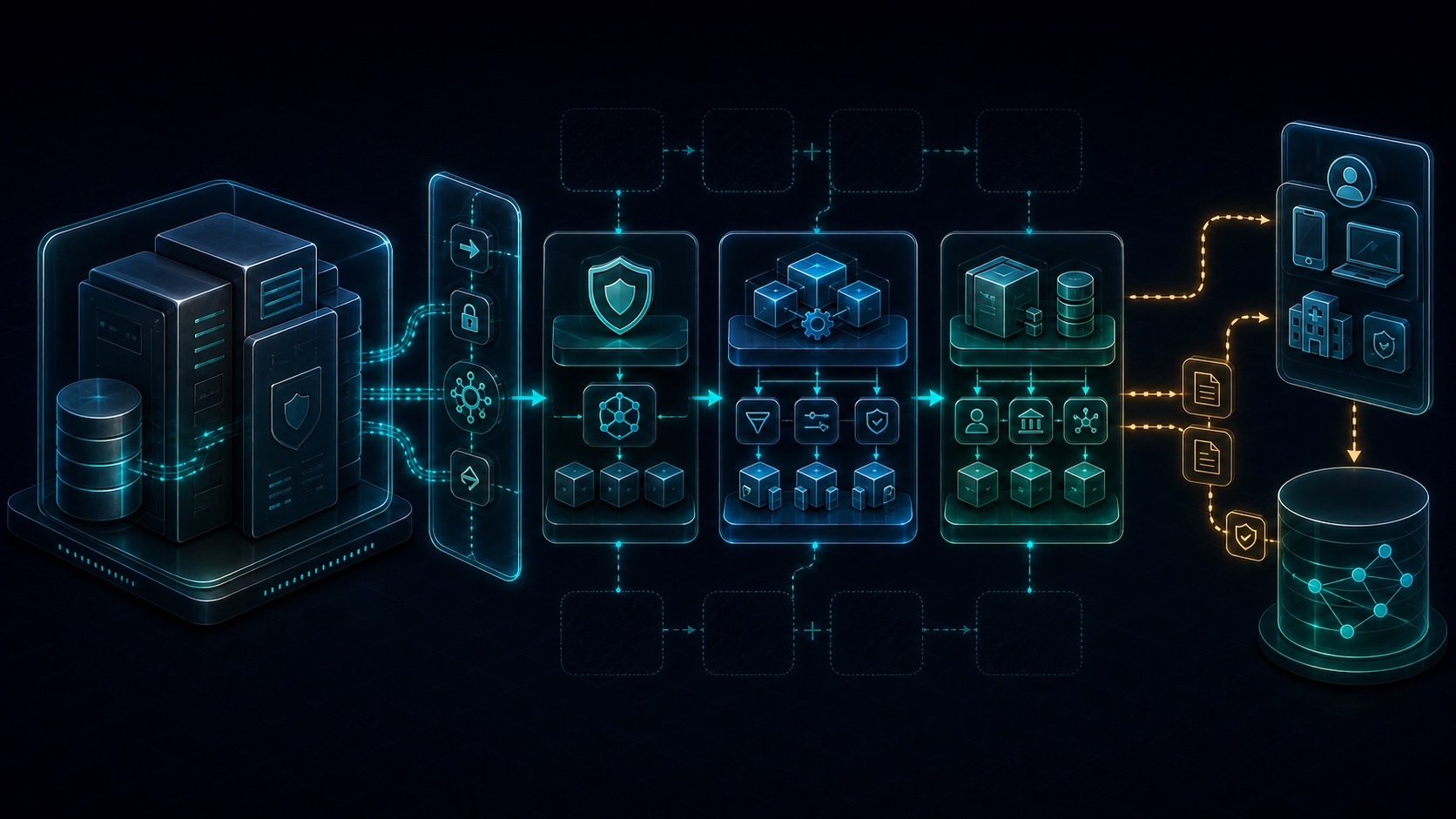 An existing payer core stays in place while a secure integration layer connects progressively added compliance, claims, financial, and provider modules to modern digital channels and an evidence store.