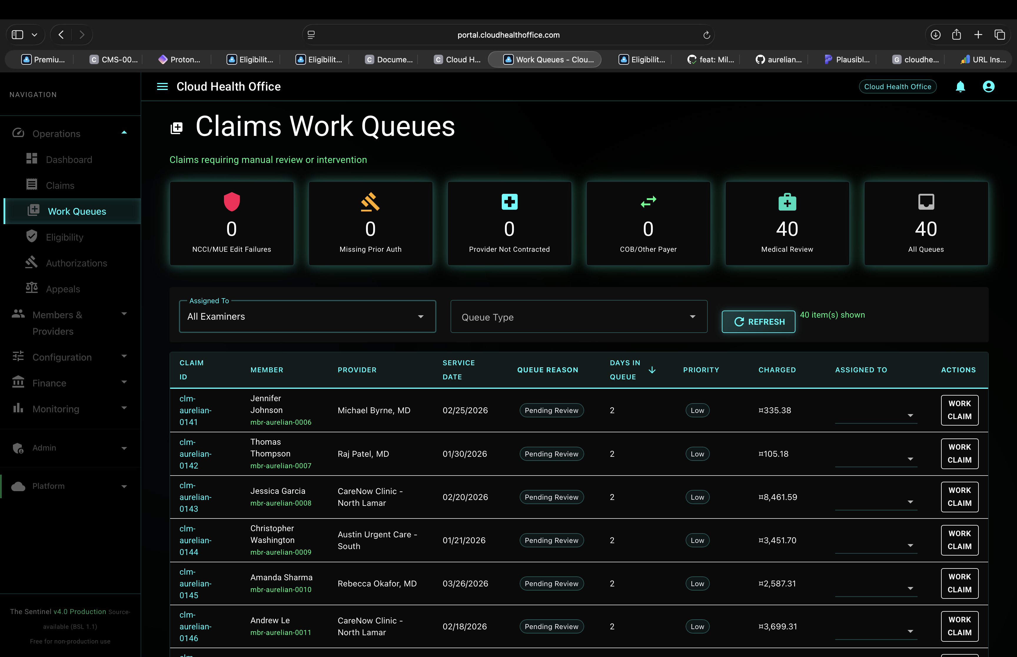 Cloud Health Office Claims Work Queues — showing NCCI/MUE Edit Failures, Missing Prior Auth, Provider Not Contracted, COB/Other Payer, and Medical Review queues with real claim data