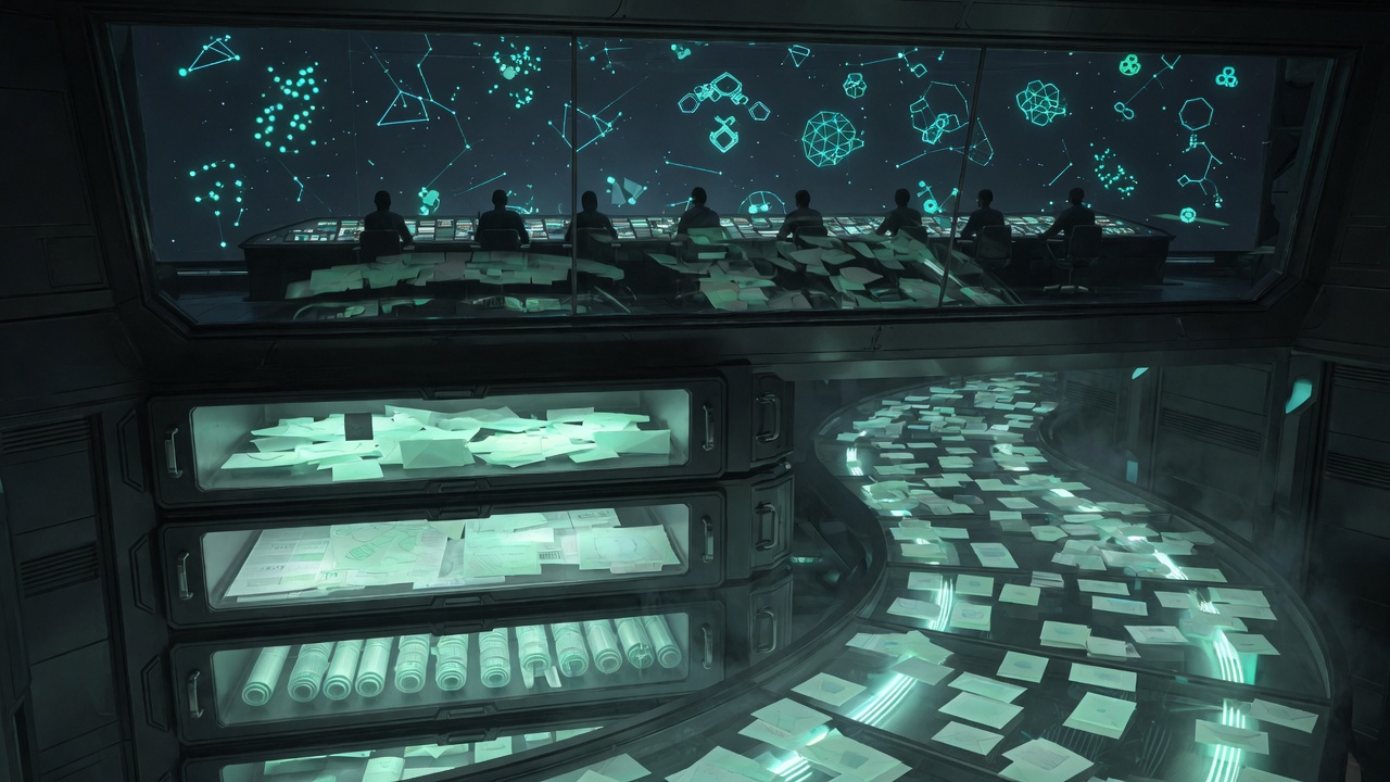 Control room overlooking a river of claim packets, with operators facing a constellation wall and vaulted drawers of transaction layers below