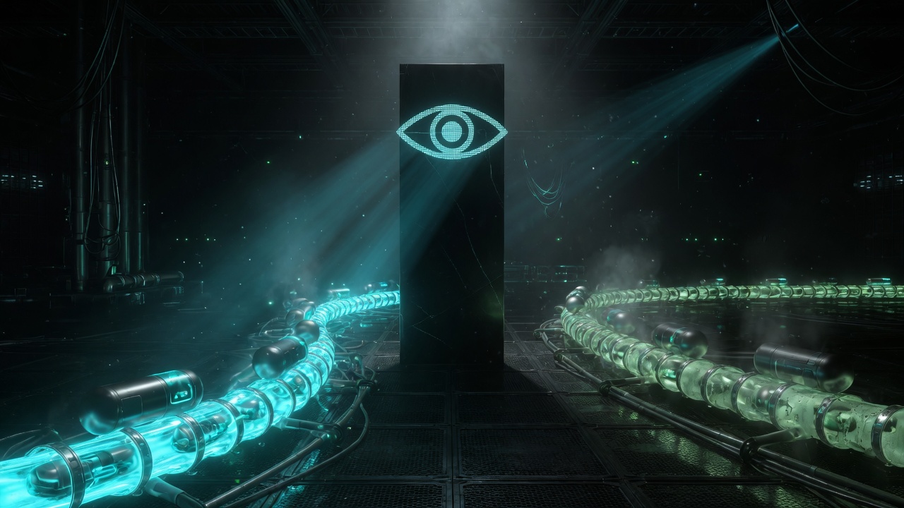 Dark industrial hall with a glowing cyan monolith at the center and two fiber spines carrying sealed capsules toward and away from it