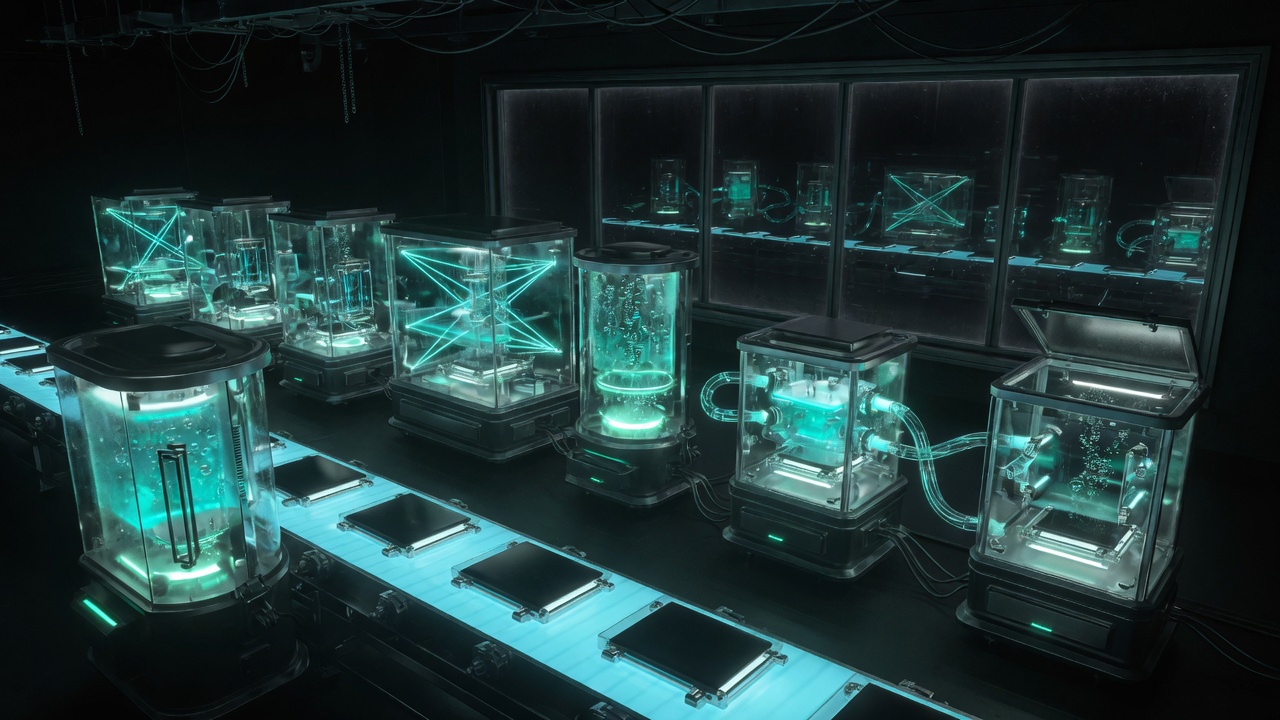 Six glowing instrument stations along a cyan conveyor, representing sequential healthcare transactions in a dark operations hall