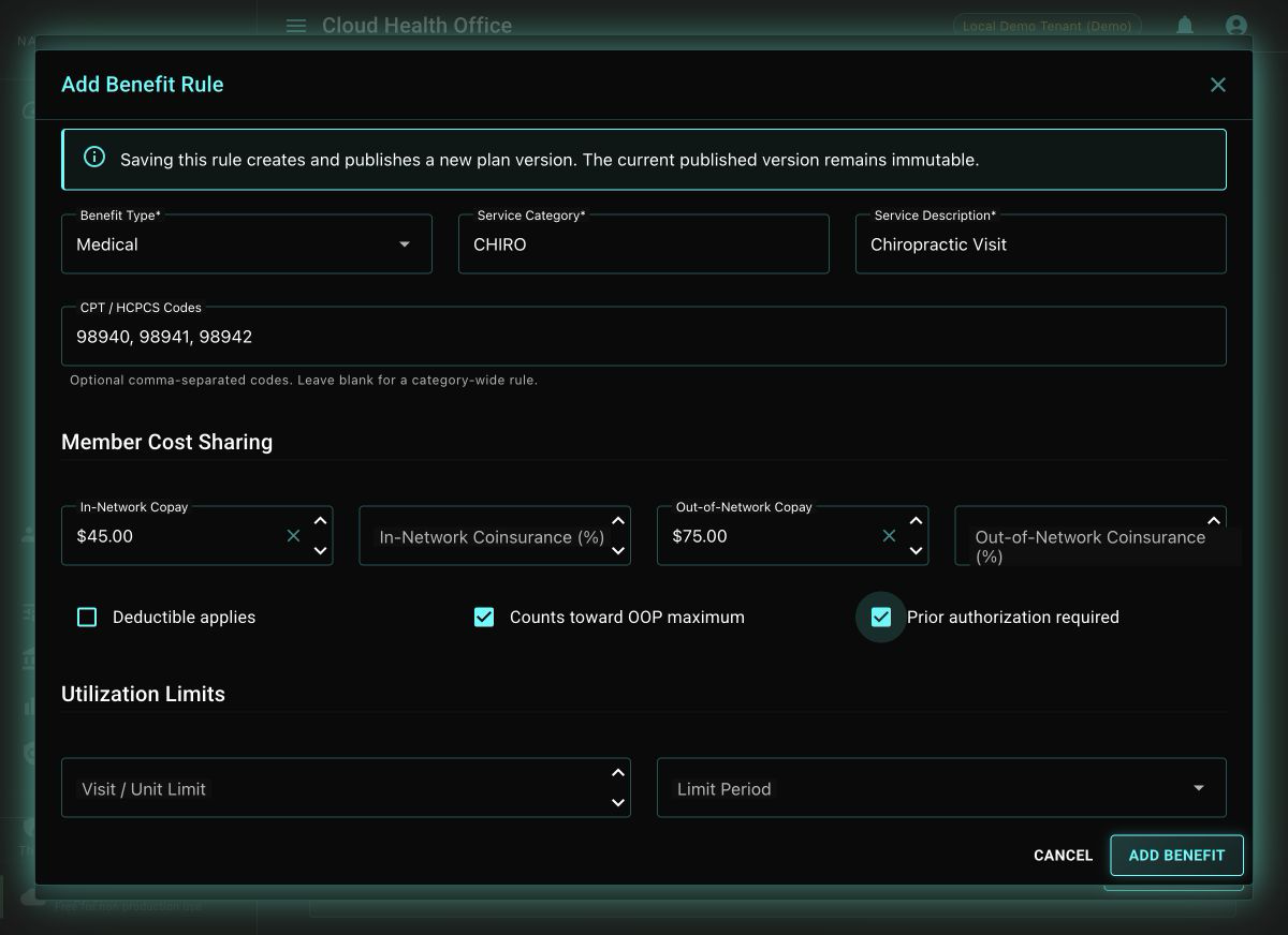Add Benefit dialog in Cloud Health Office configured for a chiropractic visit with CPT codes, network copays, and prior authorization.