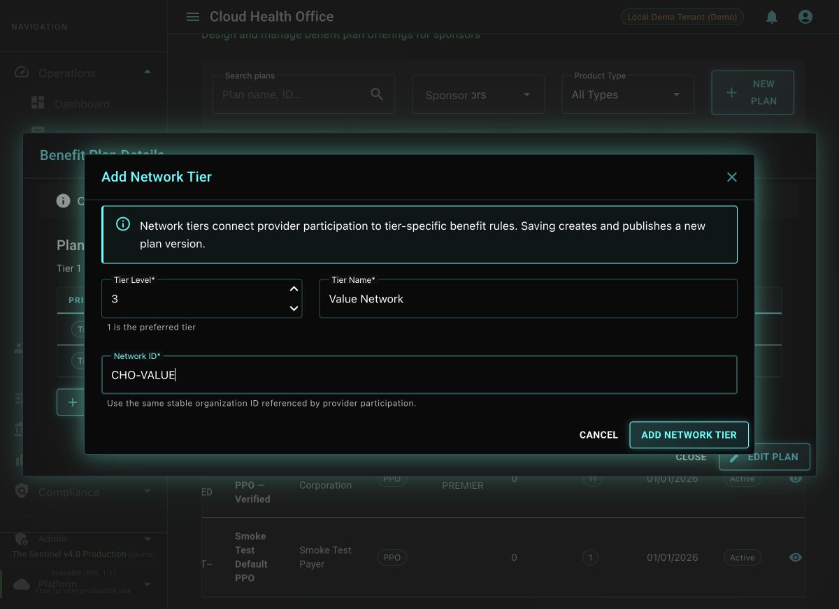 Add Network Tier dialog with tier level, tier name, and stable network ID fields.