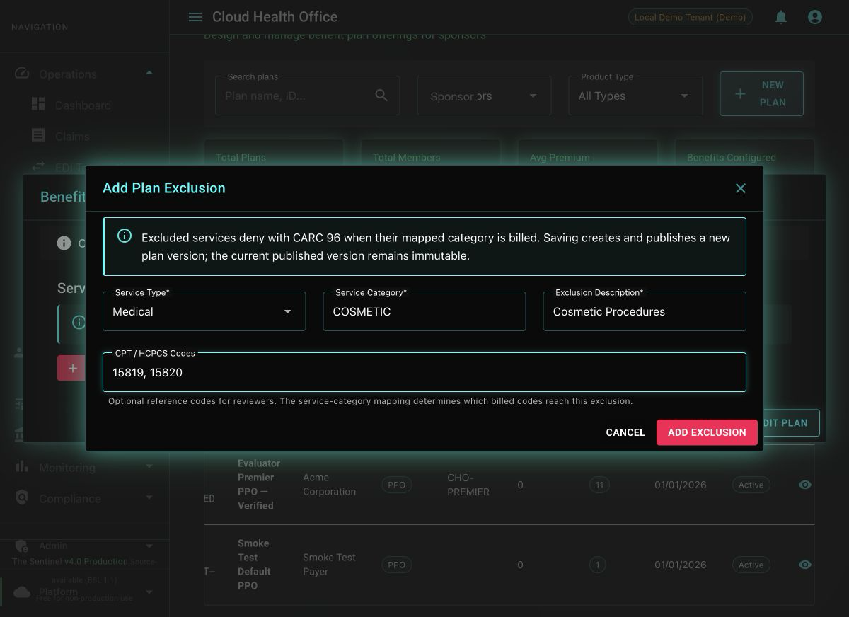Add Plan Exclusion dialog configured for cosmetic procedures with a mapped service category and reference billing codes.