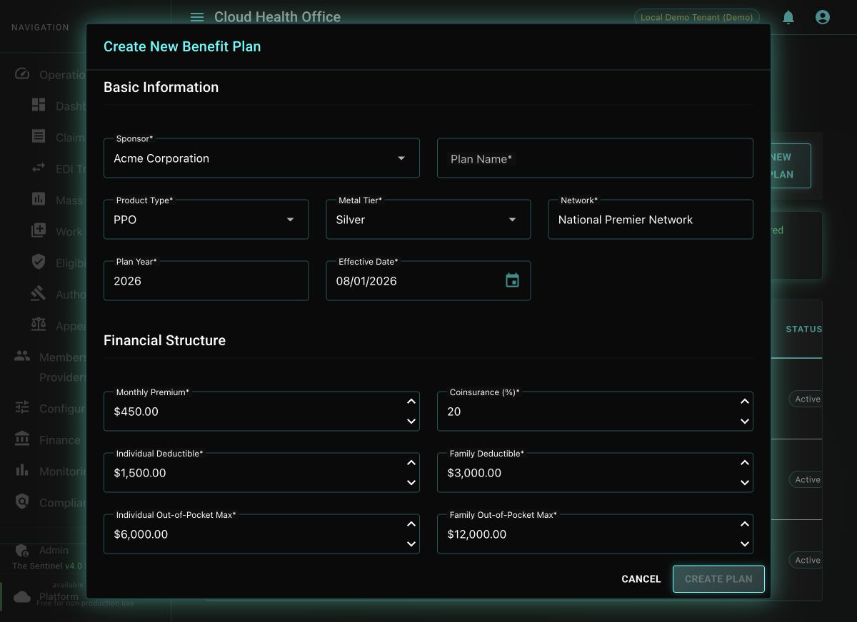 Cloud Health Office Create New Benefit Plan dialog showing basic information and financial structure fields.