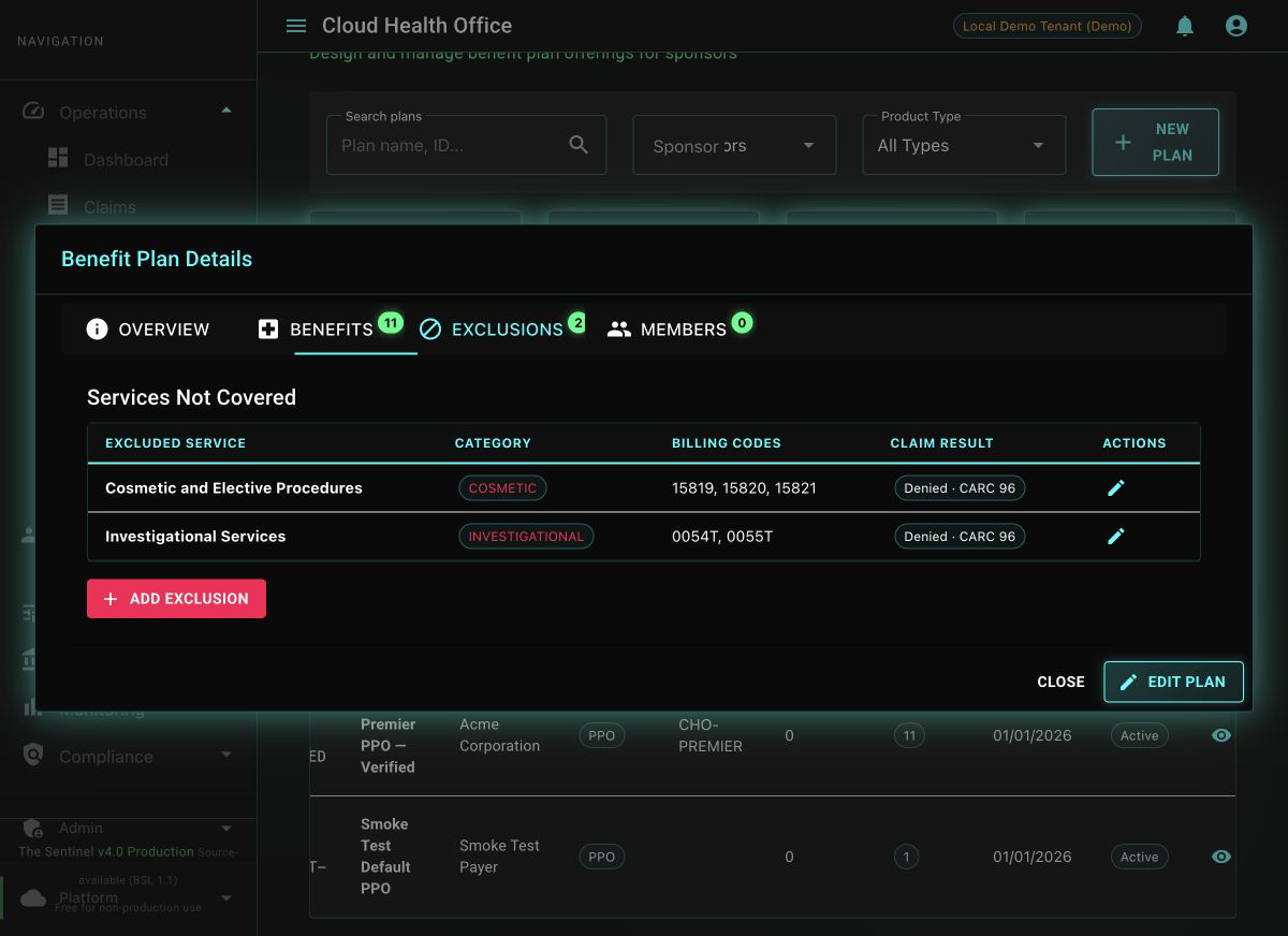 Cloud Health Office Exclusions tab showing cosmetic and investigational services, reference billing codes, CARC 96 results, and edit actions.