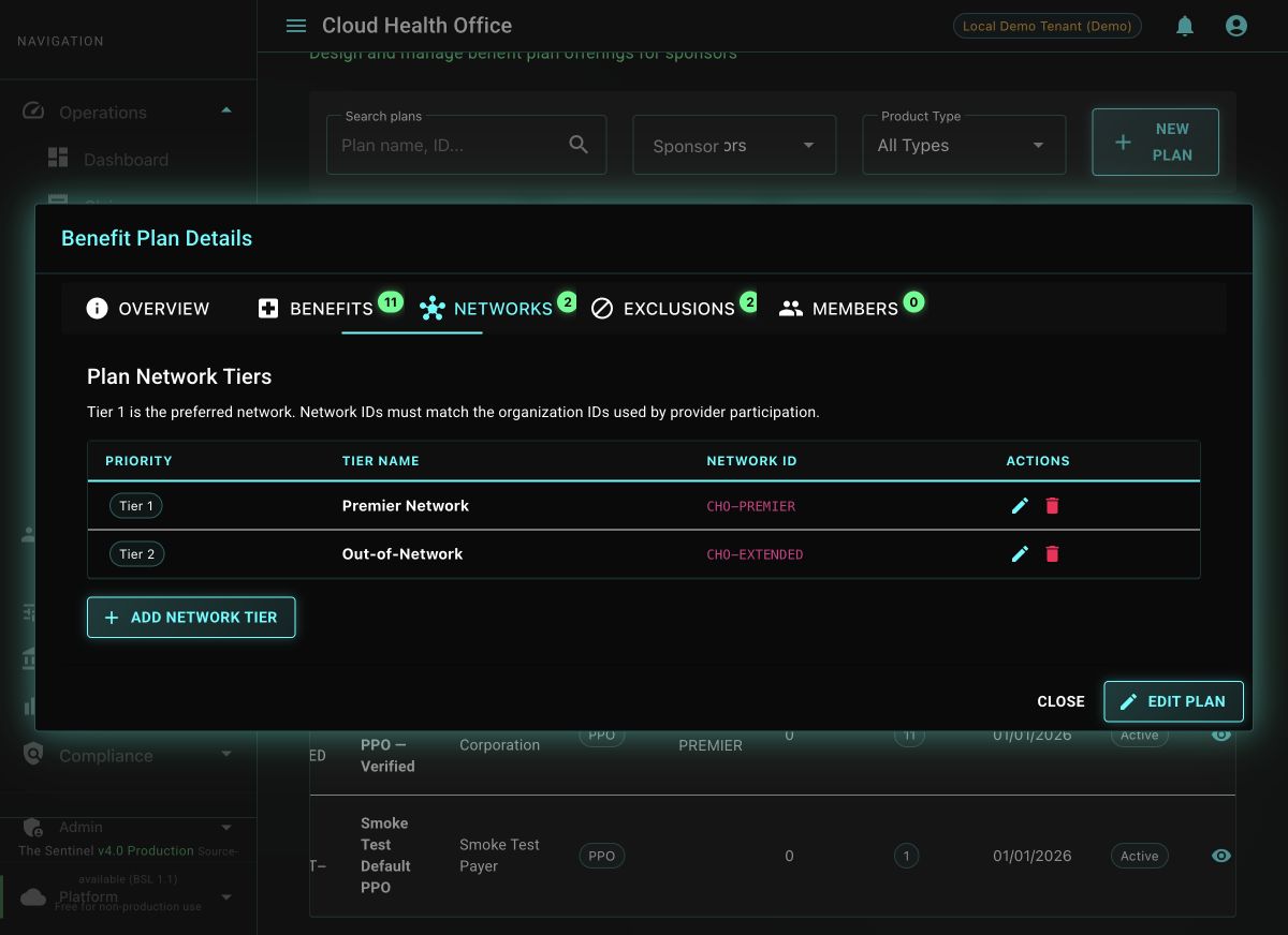 Cloud Health Office Networks tab showing preferred and out-of-network tiers with priorities, stable network IDs, and edit and remove actions.