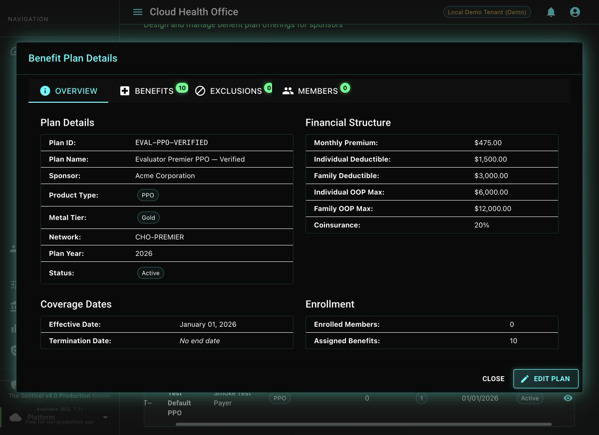 Cloud Health Office benefit plan overview showing verified plan identity, network, lifecycle status, premium, deductibles, out-of-pocket maximums, and coinsurance.