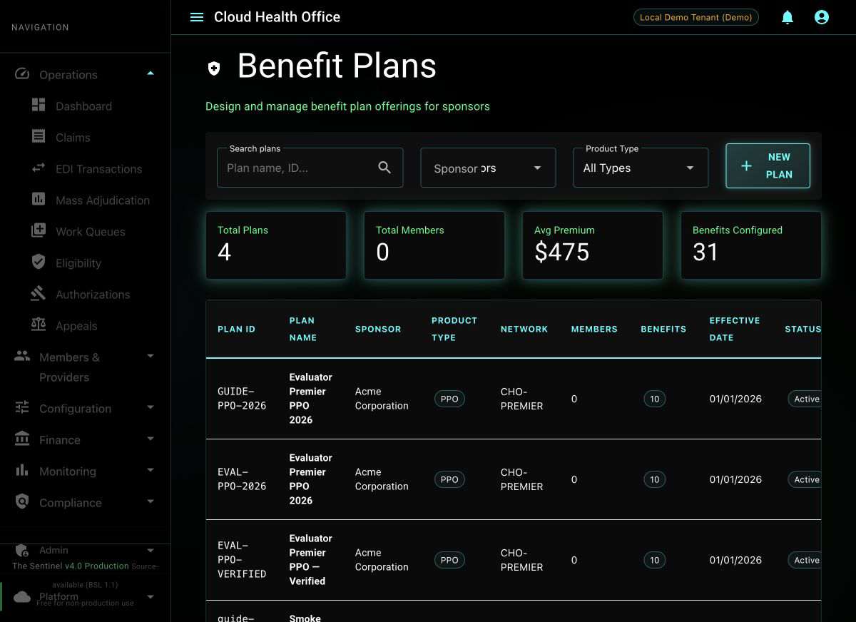 Cloud Health Office Benefit Plans workspace showing the synthetic evaluator plan and its generated plan ID.