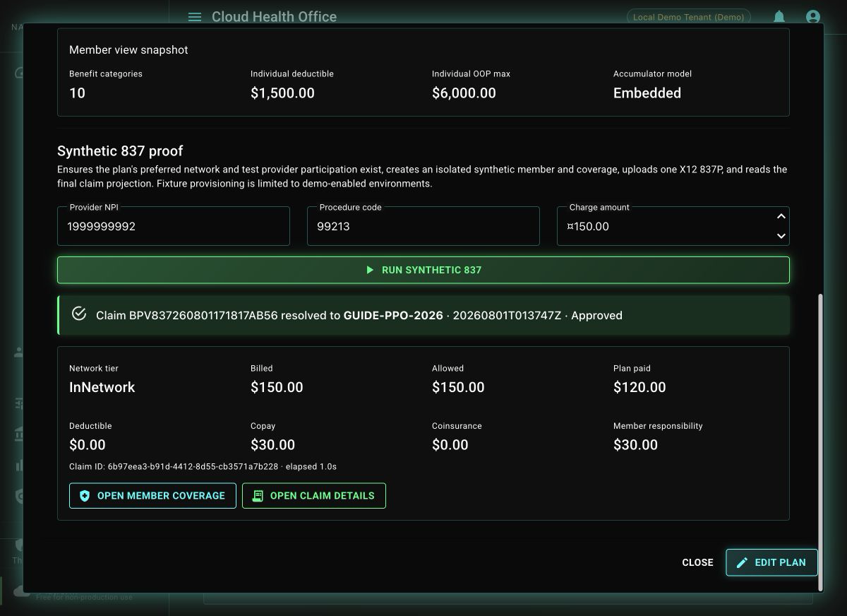 Synthetic 837 result showing the resolved plan version, approved status, network tier, and claim financials.