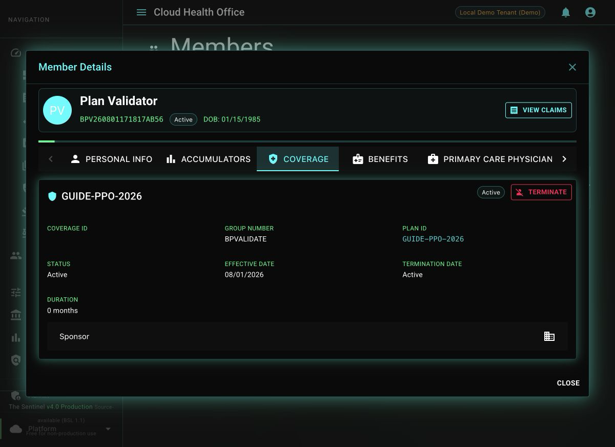 Synthetic Plan Validator member details showing active BPVALIDATE coverage for the evaluated benefit plan.