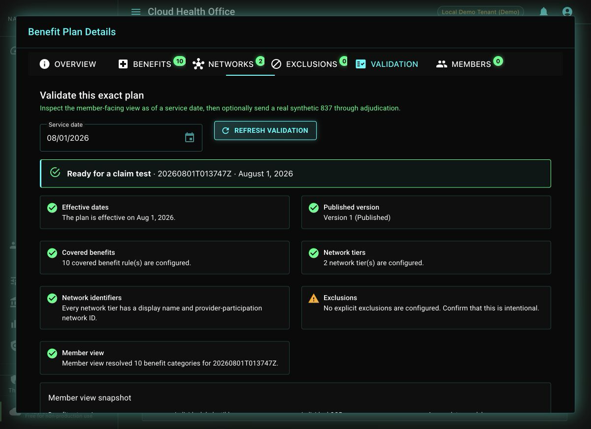 Benefit plan Validation tab showing a published plan ready for a synthetic claim test.