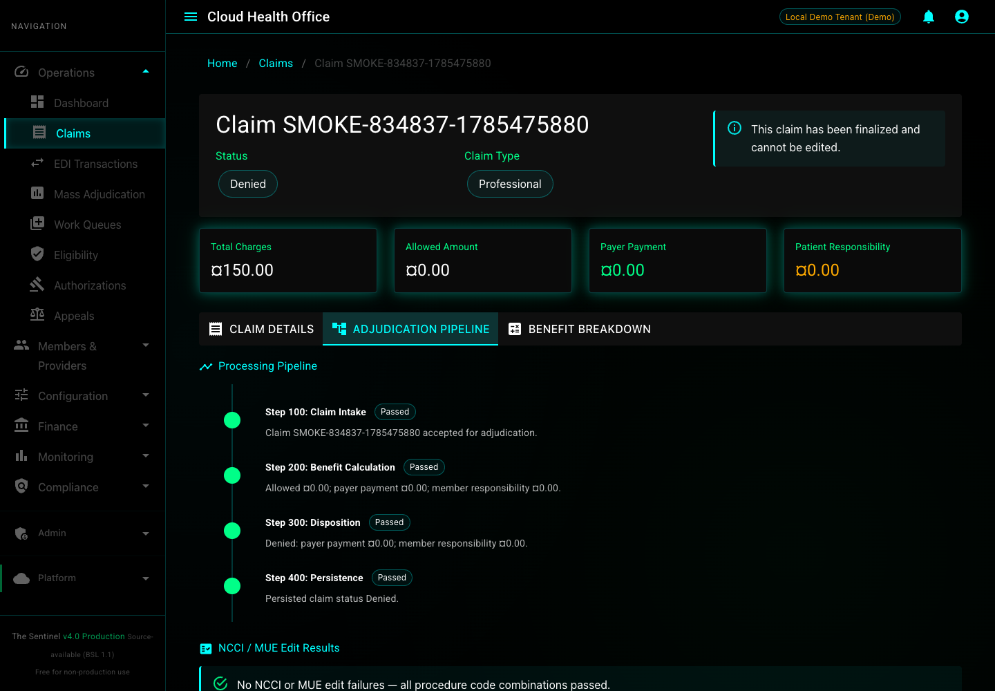 Cloud Health Office adjudication pipeline showing passed intake, benefit calculation, disposition, and persistence steps for a synthetic claim.